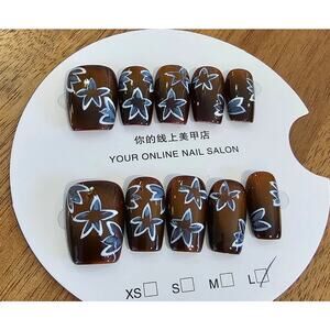 Brown Cat Eye with Blue Stars Square | Press on Nails - Handmade | Sz Large